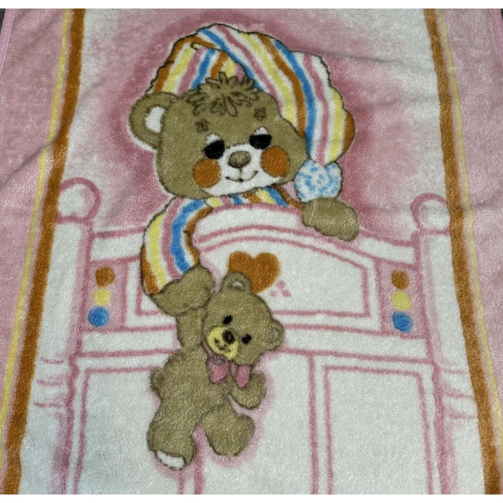 Sleepy Teddy Bear Baby Crib Blanket Pink Acrylic Plush Sherpa Nursery‎ Toddler